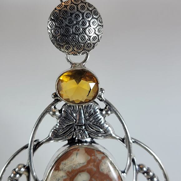 Leopard Jasper Pendant Necklace – With Citrine Accents + 20" Silver Chain - Picture 3 of 10